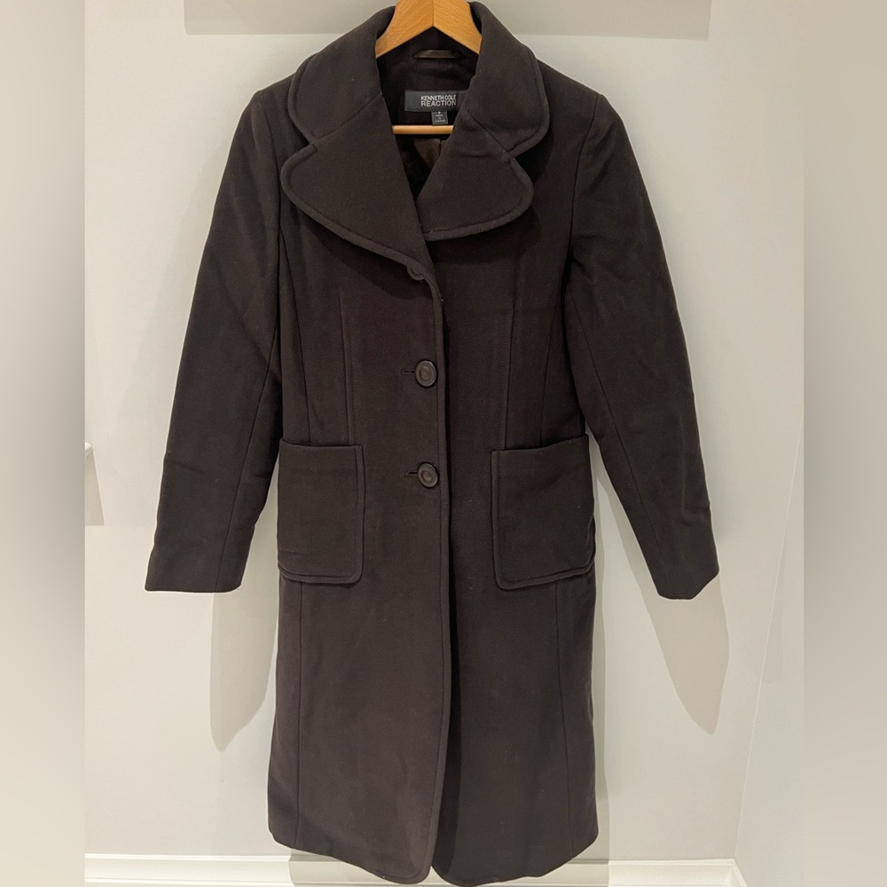 Kenneth Cole Reaction dark brown women’s long wool overcoat size 8